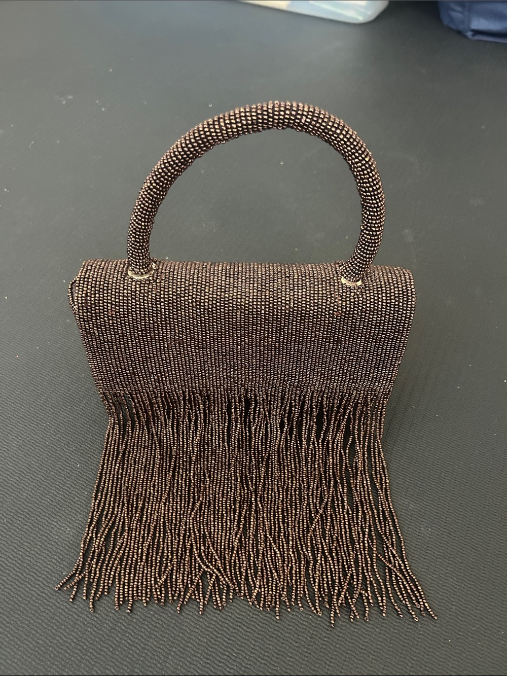 Anthropologie Copper Beaded Fringe Top-Handle Clutch